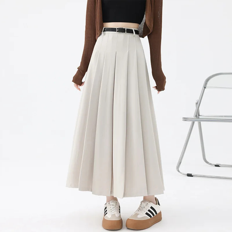 Vintage Beige High Waist Pleated Skirts Women Korean Fashion College Style Long