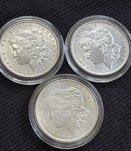 Morgan Silver Dollar US Coin - Lot Of 3 Nice AU++ Coins - 1886, 1890, 1921 D