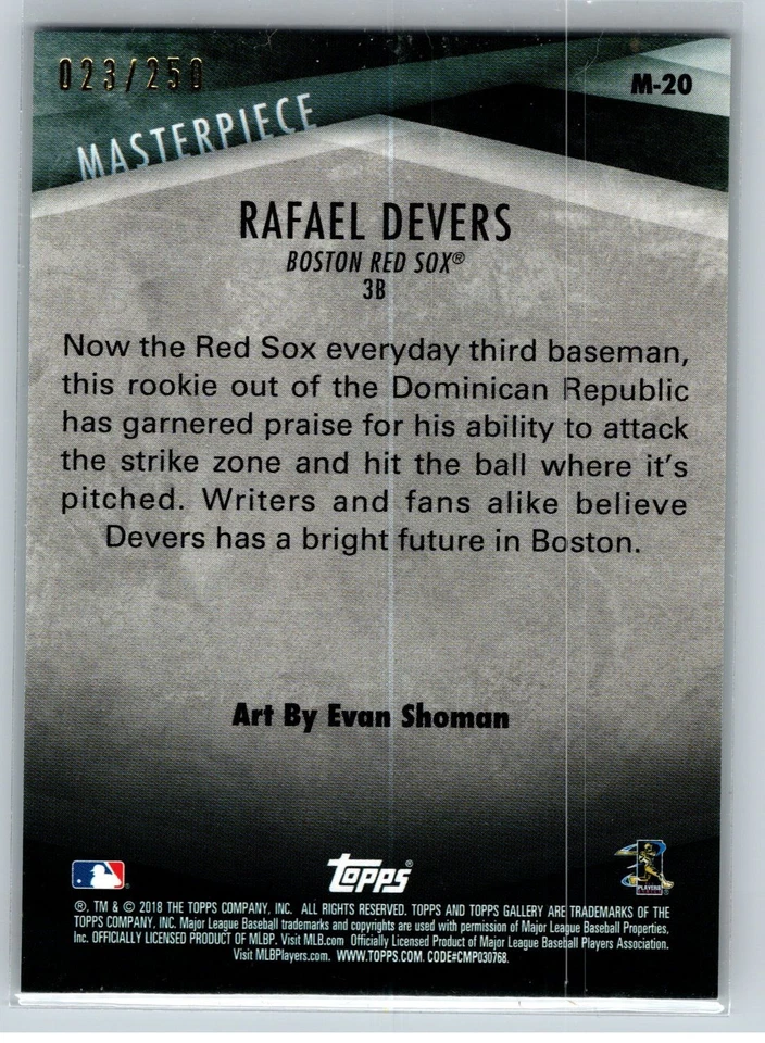 2018 Topps Gallery #M-20 Rafael Devers Masterpiece Green #/250 - Image 2 of 2