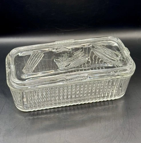 VTG Federal Glass Ribbed Oblong Refrigerator Dish With Lid 8 in [1790]