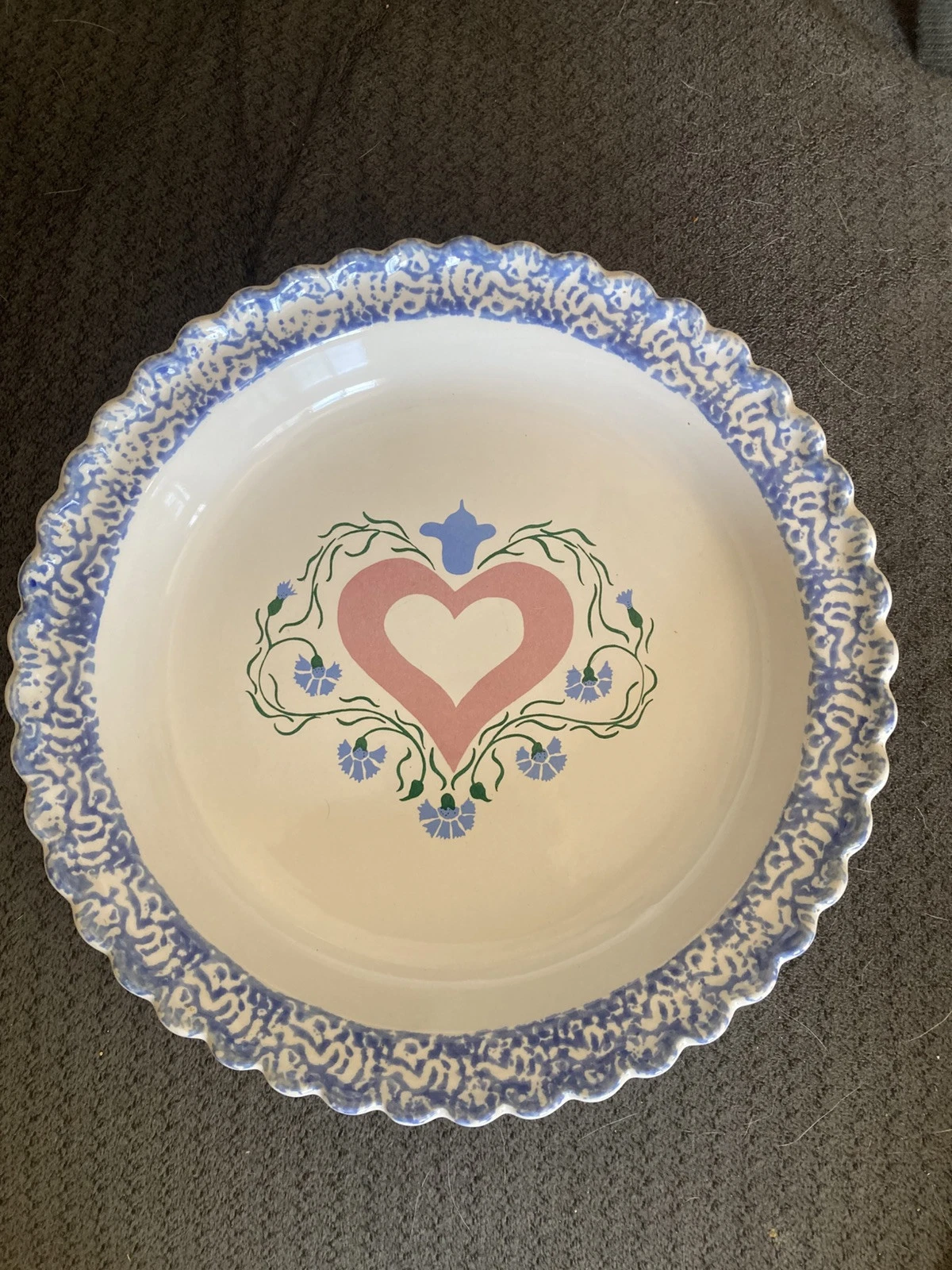 Blue Spongeware Pie Plate Dish Cottage Heart & Flowers - 10 Inch - ABC Exclusive