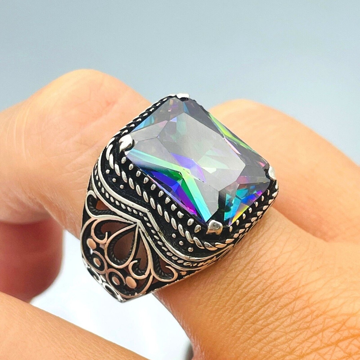 Men's Simulated Mystic Topaz 925 Sterling Silver Ring Turkish