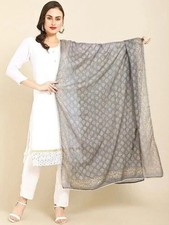 Women Grey Melange  Gold-Toned Printed Art Silk Dupatta with Zari