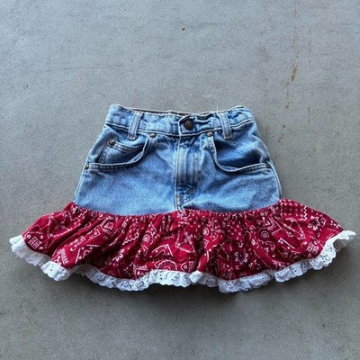 Kids 90s Vintage Little Levi's 550 Upcycled Skirt Red Paisley Bandana Fringe