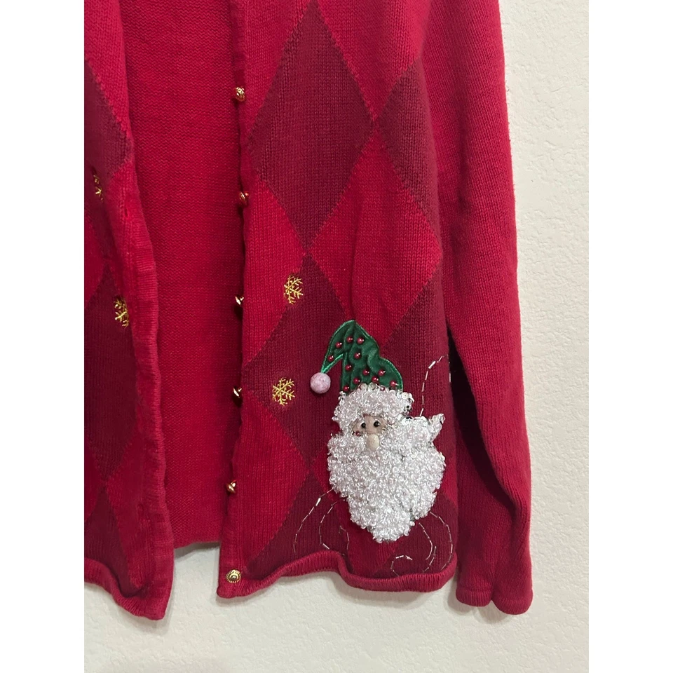 Vintage Red Christmas Sweater Cardigan Santa - Image 2 of 4