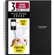 Five Star Spiral Notebook  Study App, 3 Subject, Wide Ruled Paper, 8" x 10-1/2"