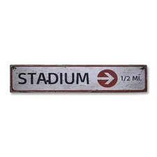 Stadium Arrow Mileage, Custom Entrance - Rustic Distressed Wood Sign