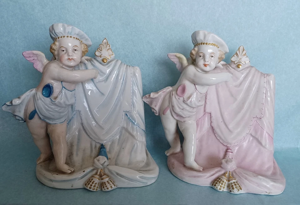 paire ancien PORTE MENU angelots porcelaine signée - Photo 3/4