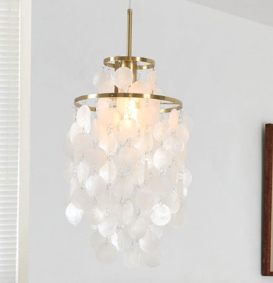 Coastal White Shell Pendant Light, 2-Tier Brushed Brass Chandelier Fixture