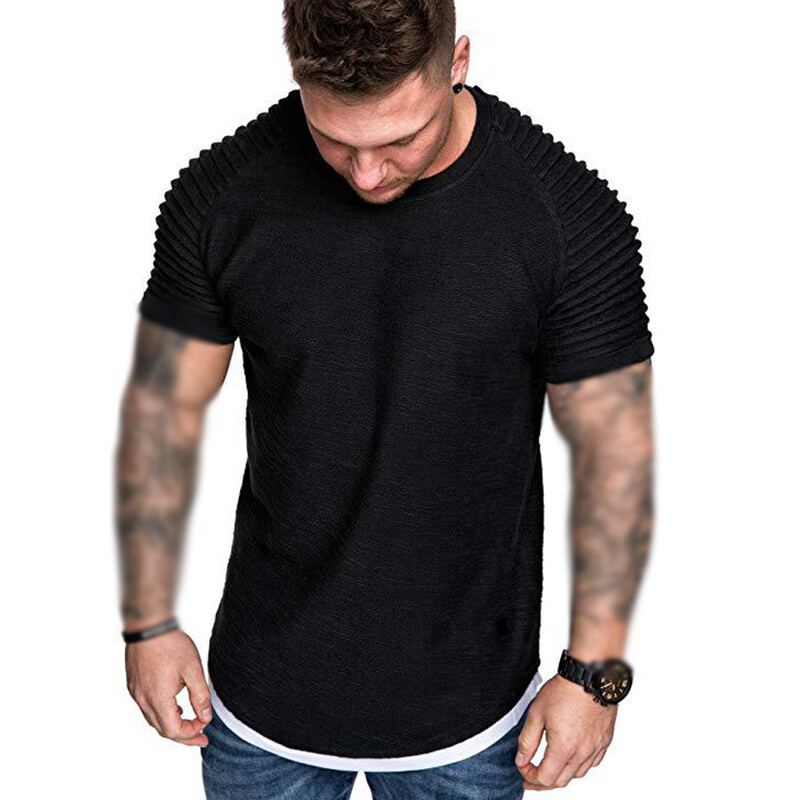 Mens Slim Fit T Shirt Casual Pleated Shoulder Short Sleeve Muscle Gym Top Tee