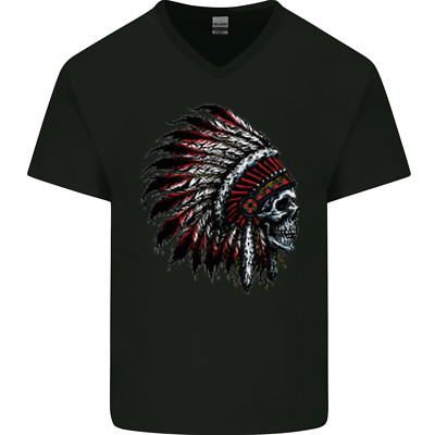 Indian Skull Headdress Biker Motorrad Herren T-Shirt V-Ausschnitt Baumwolle