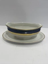 Royal Jackson Imperial Cobalt Gold Encrusted Gravy Boat With Attached Underplate