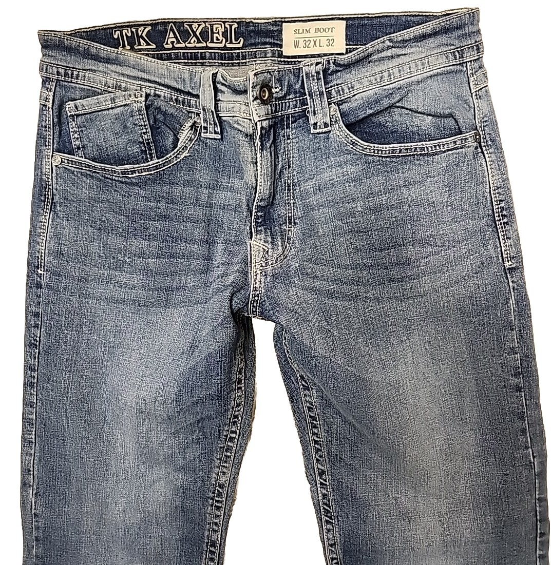 TK Axel Slim Boot Leg Denim Jeans Men’s Size 32x32 Actually 34x32 Blue  Pockets - Main Image