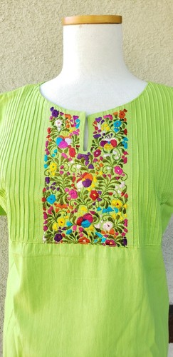 Mexican Oaxacan green embroidered blouse MEDIUM authentic Mexican CRAFT - Picture 3 of 4