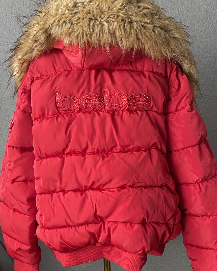 BEBE Red Puffer Coat Women L Faux Fur Hood Quilted Ski Jacket Y2k
