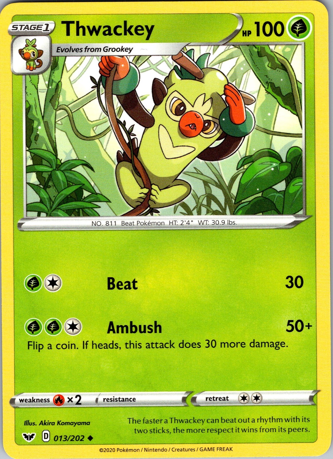 Pokemon TCG Thwackey Sword & Shield Base Set 013/202 Regular Uncommon Card NM