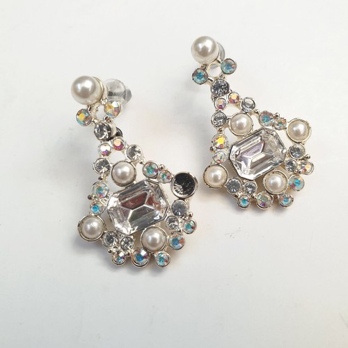 Givenchy Dangle Stud Earrings Crystal Rhinestones Pearls Silver Wedding Bridal - Picture 10 of 11