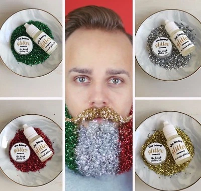 FESTIVE GLITTER BEARD KIT 4x CHRISTMAS COLOURS SET (RED,GREEN,SILVER,GOLD) + Oil