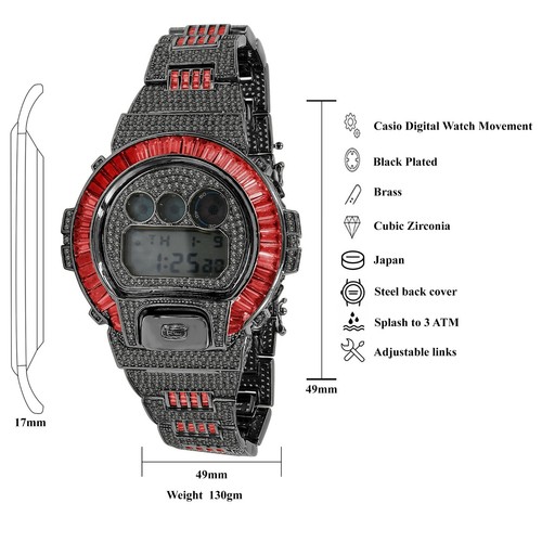New Icy Authentic Baguette Red Ruby Black Gold Casio G-Shock DW-6900 Watch - Picture 6 of 6