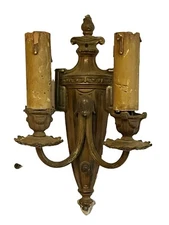 ANTIQUE HEAVY BRASS? 2 Light EMPIRE WALL SCONCE Light Fixture W/ Switch 11.5”￼￼