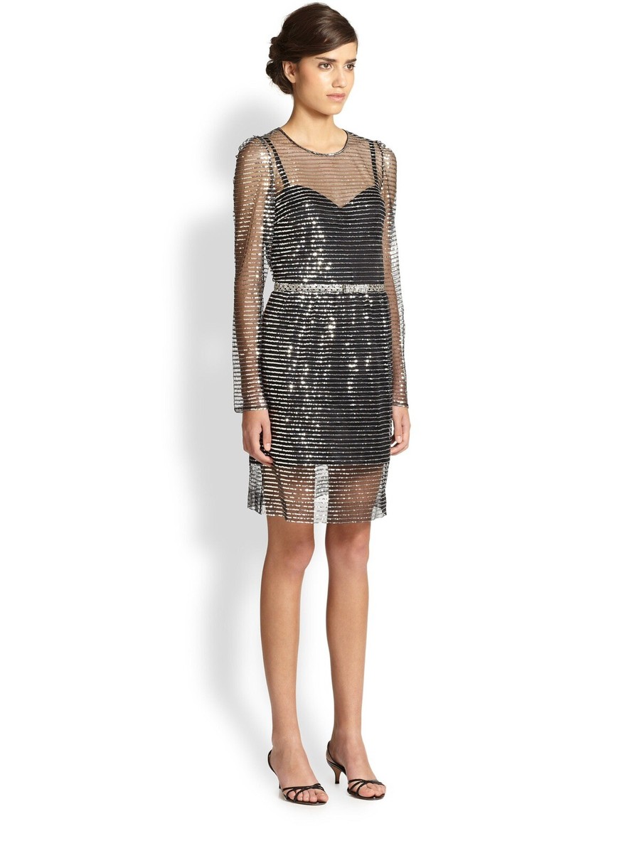 MARC JACOBS Stunning Black Silver Metal Sequin Long Sleeve Mini Cocktail  Dress 6
