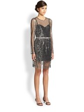 MARC JACOBS Stunning Black Silver Metal Sequin Long Sleeve Mini Cocktail Dress 6