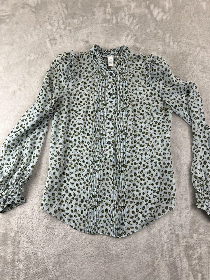 Diane Von Furstenberg 衬衫女式 8 蓝色花卉印花 100 真丝纽扣衬衫 — 第 2/4 张图片