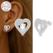 KUNSIR 925 Sterling Silver HEART Shaped Stud Earrings Cubic Zirconia Women Gifts