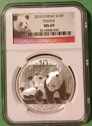 2010 China  10 Yuan  PANDA   NGC  MS 69  1oz  .999  Fine Silver • So Charming !