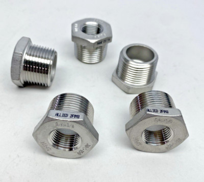 LOT OF 5, SP114, 150-304 SS THREADED HEX REDUCING BUSHING 3/4'' x 3/8''