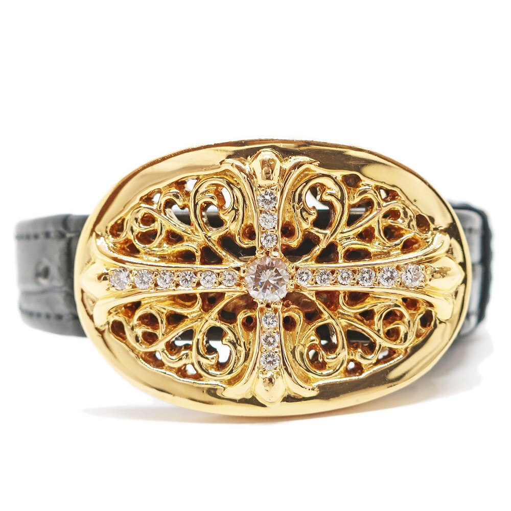 Chrome Hearts Tiny Oval Cross 22K Diamond Leather Bracelet Alli YG