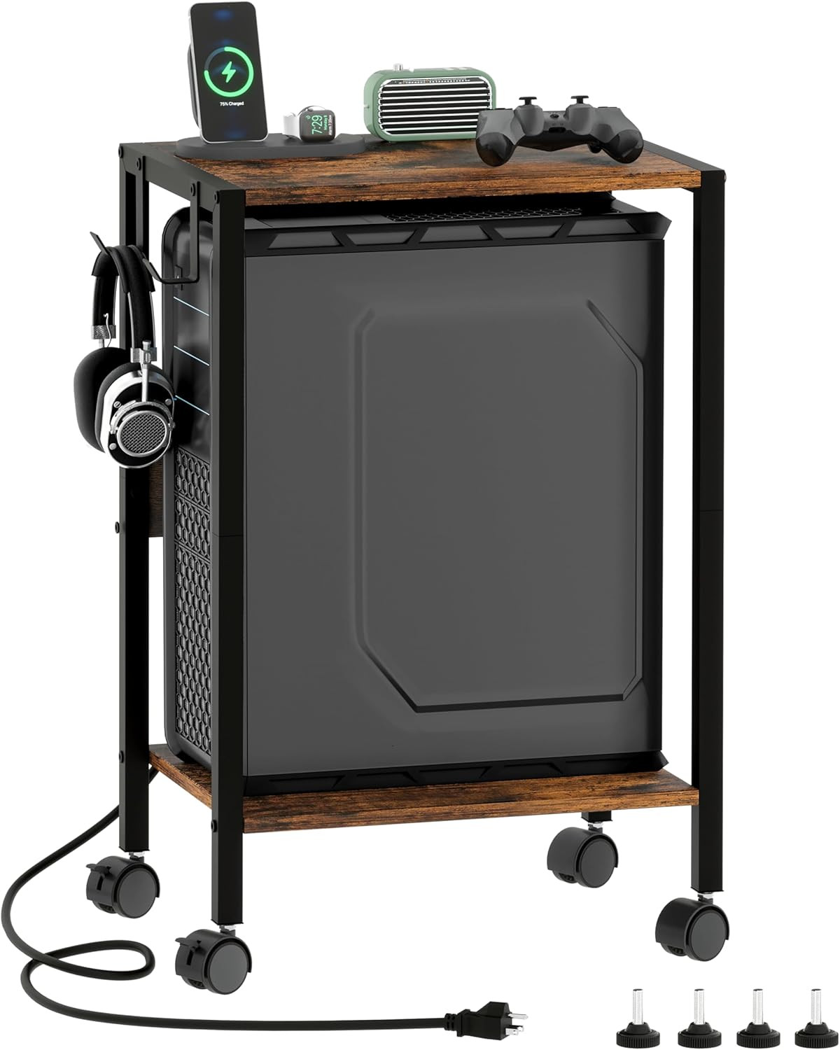 16.5" W Computer Tower Stand with Charging Station and USB Port, 2 Tier Mobile F