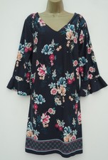 F&F NAVY FLORAL STRETCH SHIFT DRESS SIZE 20 FLUTED 3/4 SLEEVES TUNIC