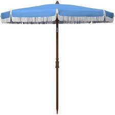 Outdoor Patio Umbrella, Round,Estonia Collection, Fringe Trim,Light Blue, Button