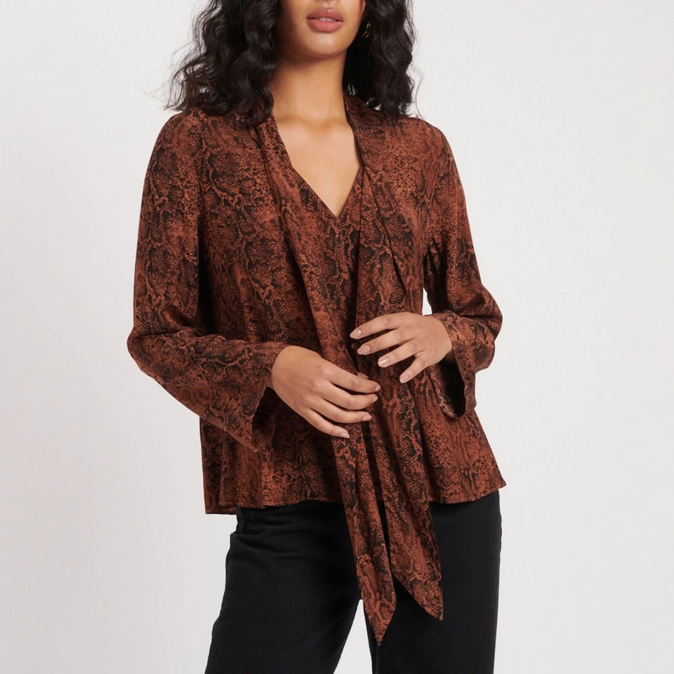 Women's Nobodys Child Karina Snake Print Scarf Blouse in Brown - Image 4 of 4