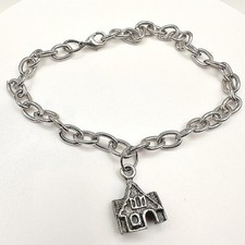 Vintage 80s Silver Tone Statement Church House Charm Bracelet Estate Jewelry Y2K