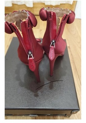 Alaïa Red Satin Strappy Studded Beaded Stiletto Heels Zipper Open Toe Women
