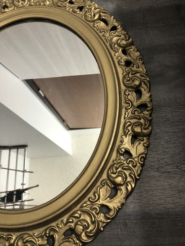 Antique VTG Ornate Carved Wood Oval Wall Mirror Gold Gilt Scroll 23.5 X 27.5 - Picture 15 of 22
