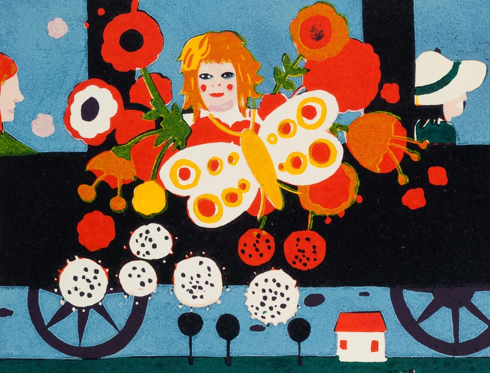 I. JÖRG (*1935), Blumenmädchen im Wagon, Farblinolschnitt Naiv Reisen 1970-1989 - Bild 3 von 4