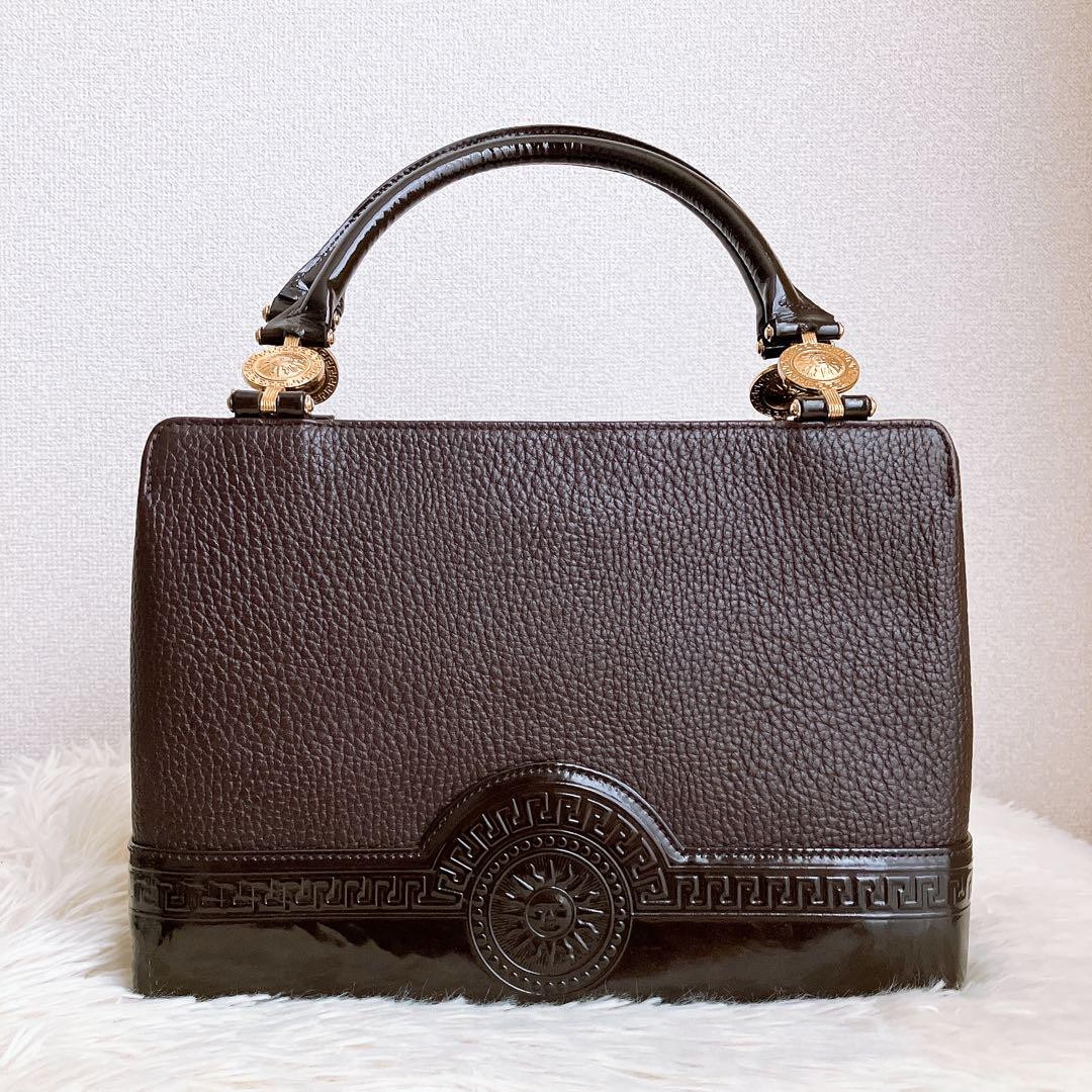 Versace Sunburst Brown Leather Handbag Tote Shoulder Gold Hardware From JapanRIN