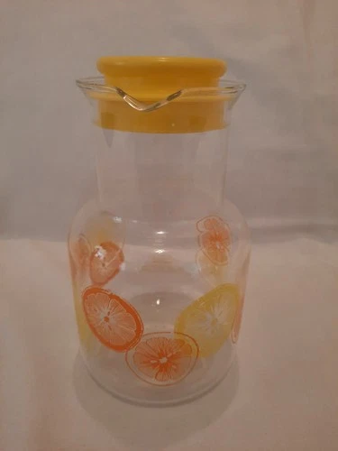 Vtg PYREX 1.5 Qt Glass Juice Carafe Pitcher & Lid Lemon Orange Slices #3515 Read