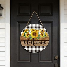 Wooden Whaline Sunflower Welcome Sign Buffalo Plaid Floral Front Door Decor