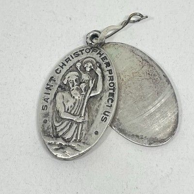 Vintage Sterlingsilber St Christophorus Protect Us ovaler Schieber Medaillon Anhänger 7,2 g
