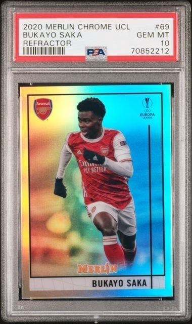 Bukayo Saka 2020-21 Topps Chrome Merlin UCL Refractor PSA 10 GEM MINT POP 21
