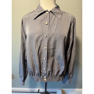 1980's Vintage Yessica Women's Gray Collared Button Down Bomber Style Shirt