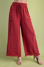 Gigio by Umgee Red Clay Linen Blend Frayed Cropped Wide Leg Pants w/ Pockets