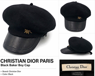 Christian Dior Paris Women's Black Newsboy Cap Leather Brim Wool Acrylic Logo OS