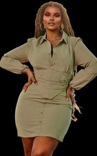 PrettyLittleThing Plus Size 22 Khaki Taupe Mini Dress Corset Long Sleeve EUC