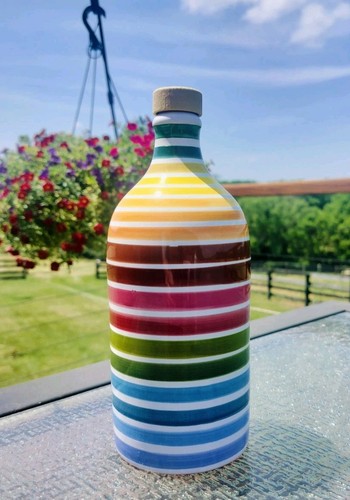 Frantoio Muraglia Italian Pottery Olive Oil Bottle - Hand Made Rainbow Striped