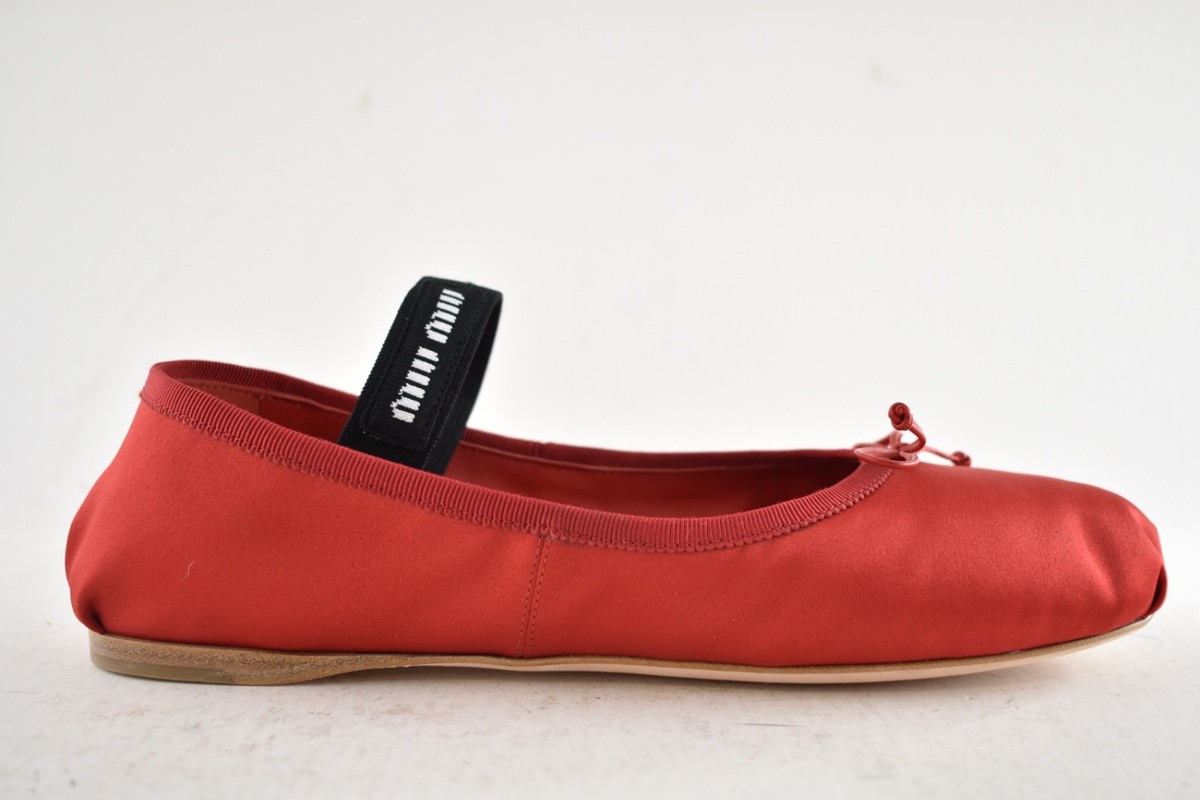 Miu Miu Satin Rosso Red Black White Logo Strap Bow Ballet